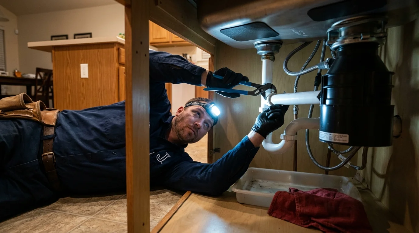 P-trap and supply line connections under a kitchen sink showing a common leak point in Sumner, IA